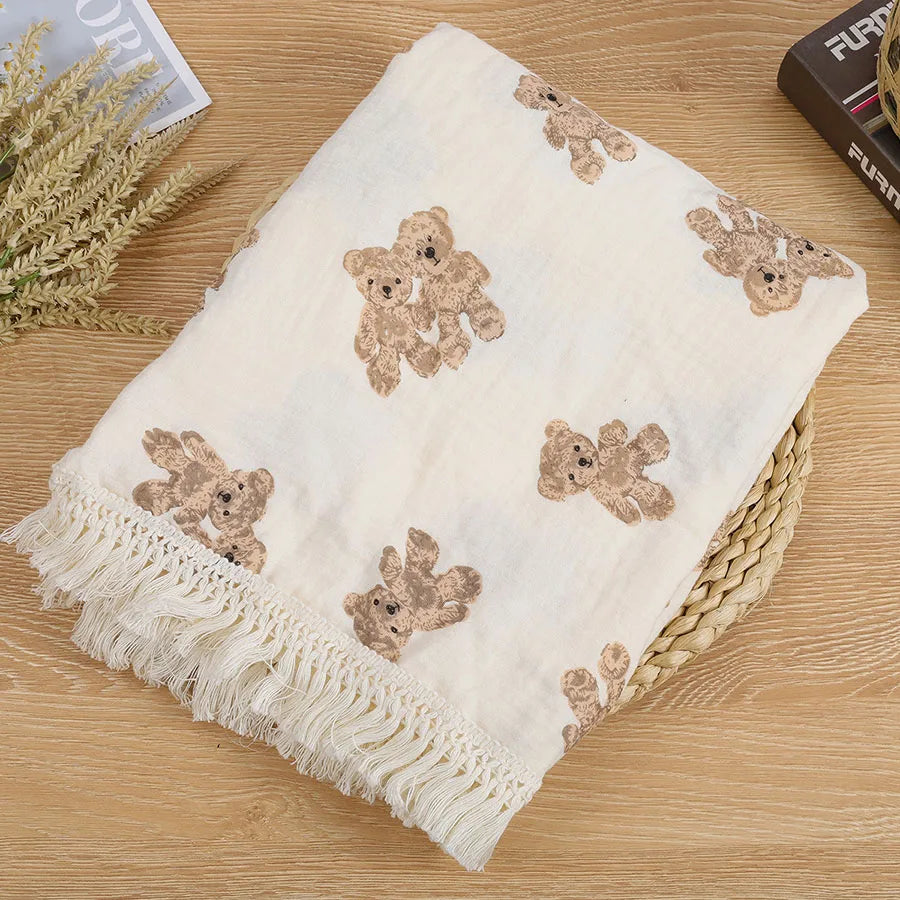 Manta Musselina Bebê Recém-Nascido Teddy Bear | Cobertor Urso Xadrez Swaddle