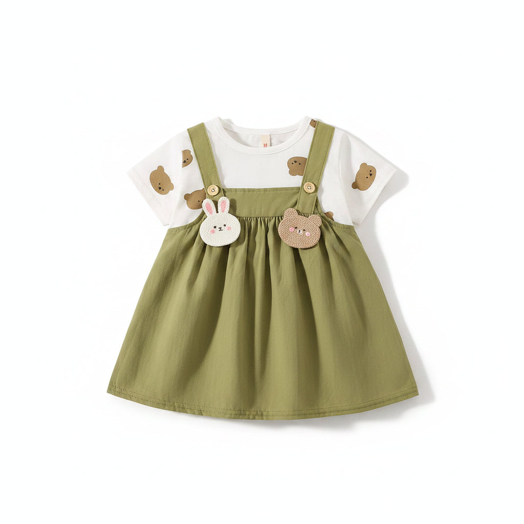 Vestido Bebê Menina Estampa Teddy Bear | Falso 2 Peças com Alça 6M–2 Anos