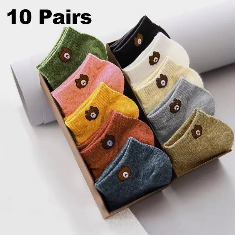 Kit 10 Pares Meias Femininas Teddy Bear | Cano Baixo Estampa Urso