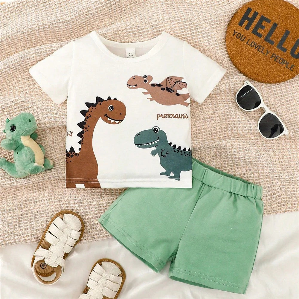 Conjunto 2 Peças Bebê Menino Dinossauro | Camiseta + Shorts 0-3 Anos