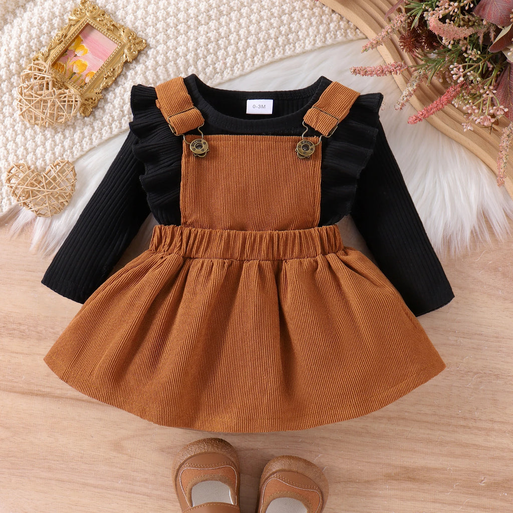 Conjunto 2 Peças Bebê Menina | Blusa Manga Longa + Saia com Alça 0–18 Meses