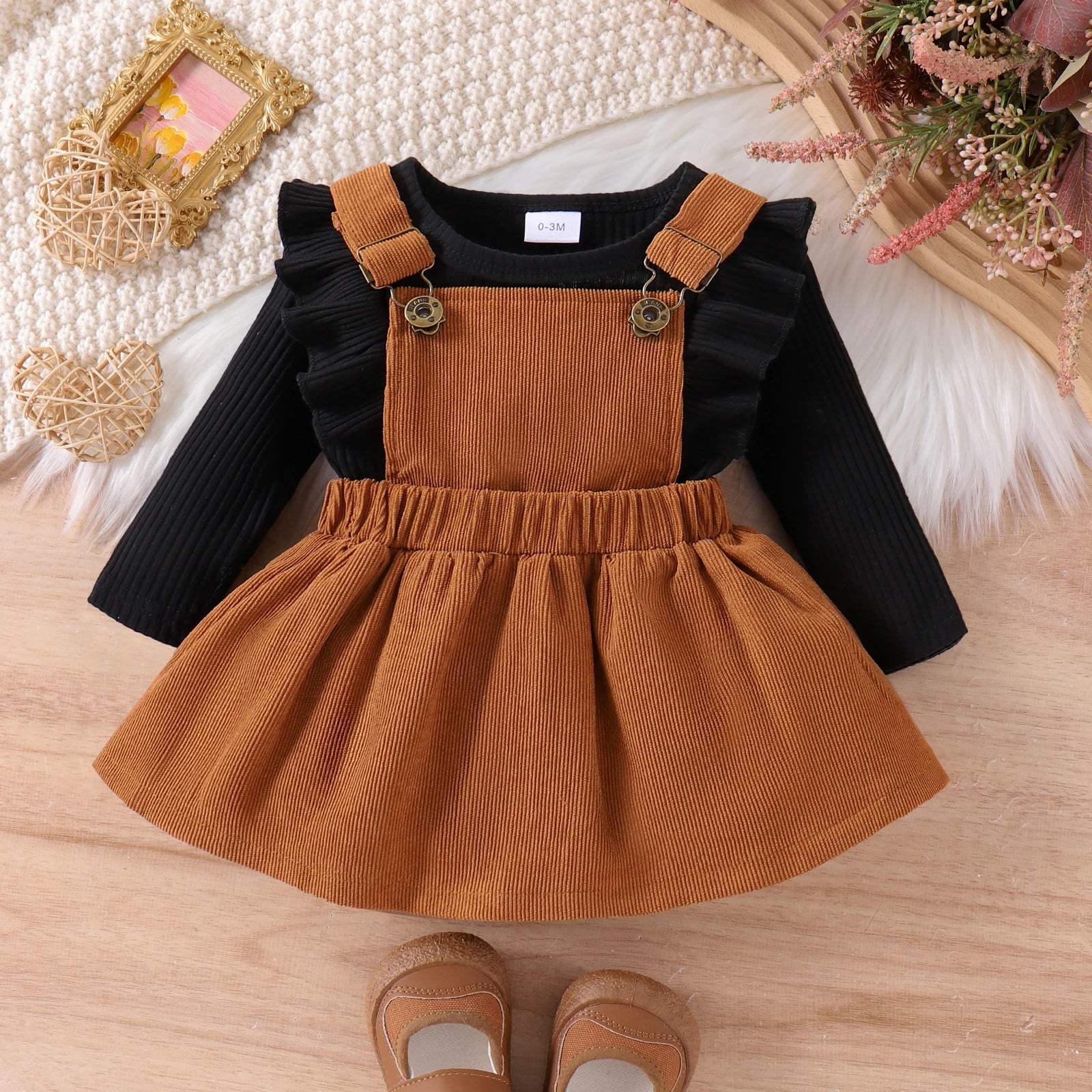 Conjunto 2 Peças Bebê Menina | Blusa Manga Longa + Saia com Alça 0–18 Meses