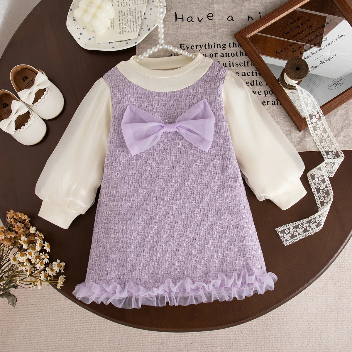 Vestido Bebê Menina com Laço | Manga Longa 9M–3 Anos