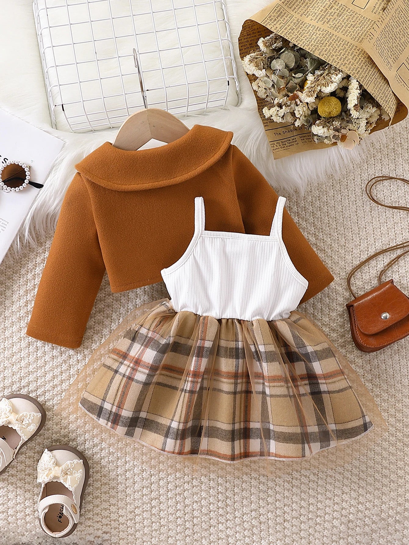 Conjunto Bebê Menina | Vestido Xadrez Tule + Jaqueta Cropped 0M–2 Anos