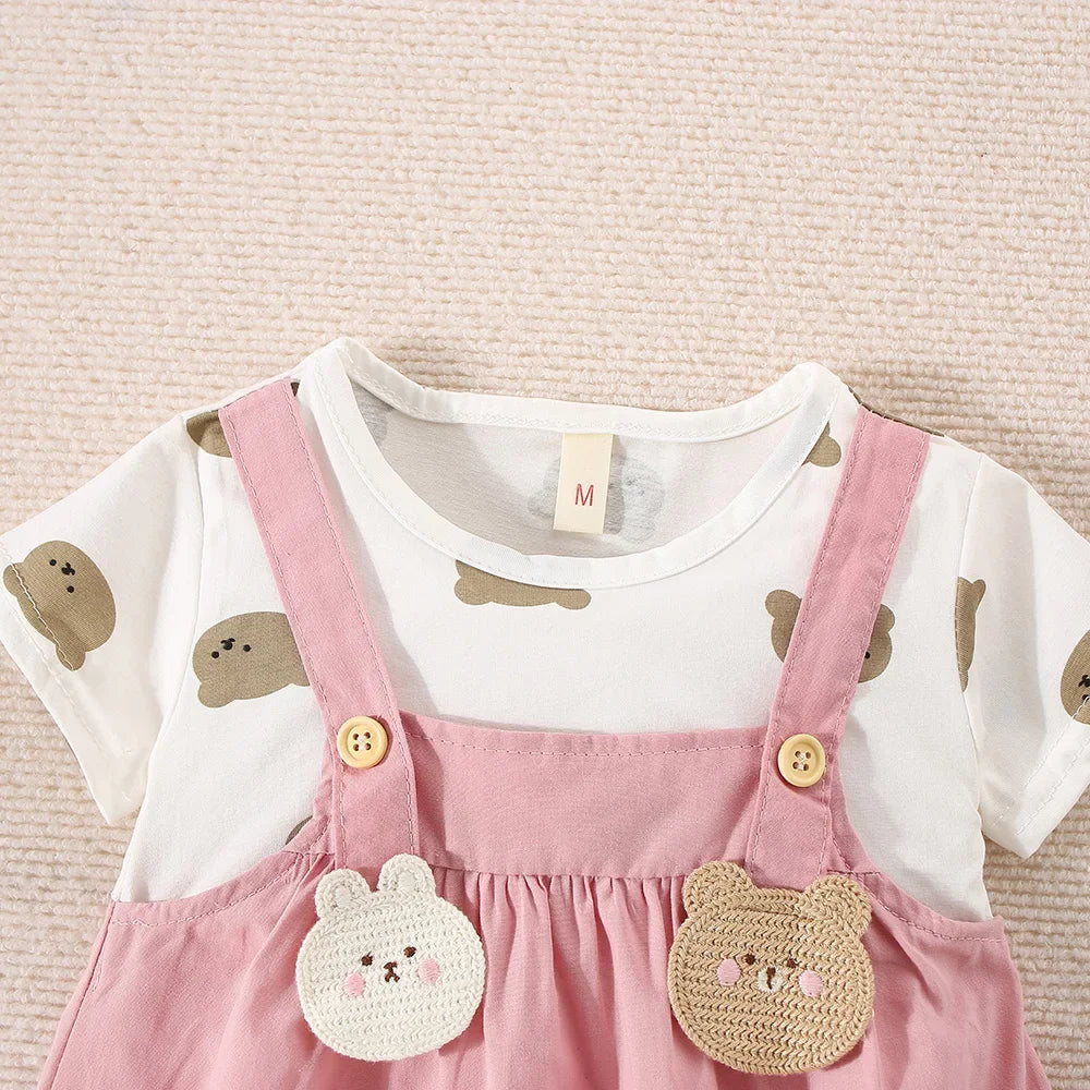 Vestido Bebê Menina Estampa Teddy Bear | Falso 2 Peças com Alça 6M–2 Anos