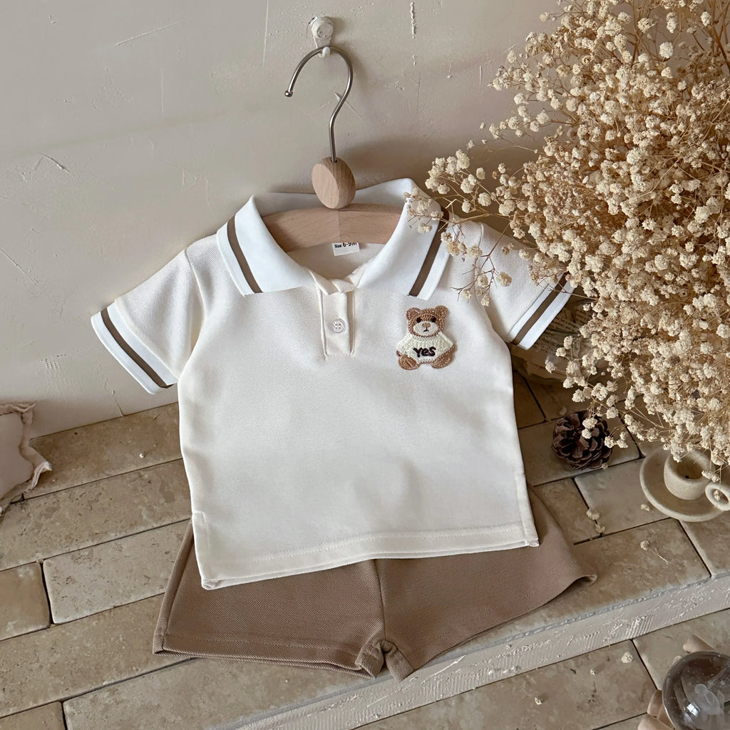 Conjunto 2 Peças Bebê Unissex Teddy Bear | Camiseta Listrada Urso + Shorts Algodão Verão 6M–2 Anos