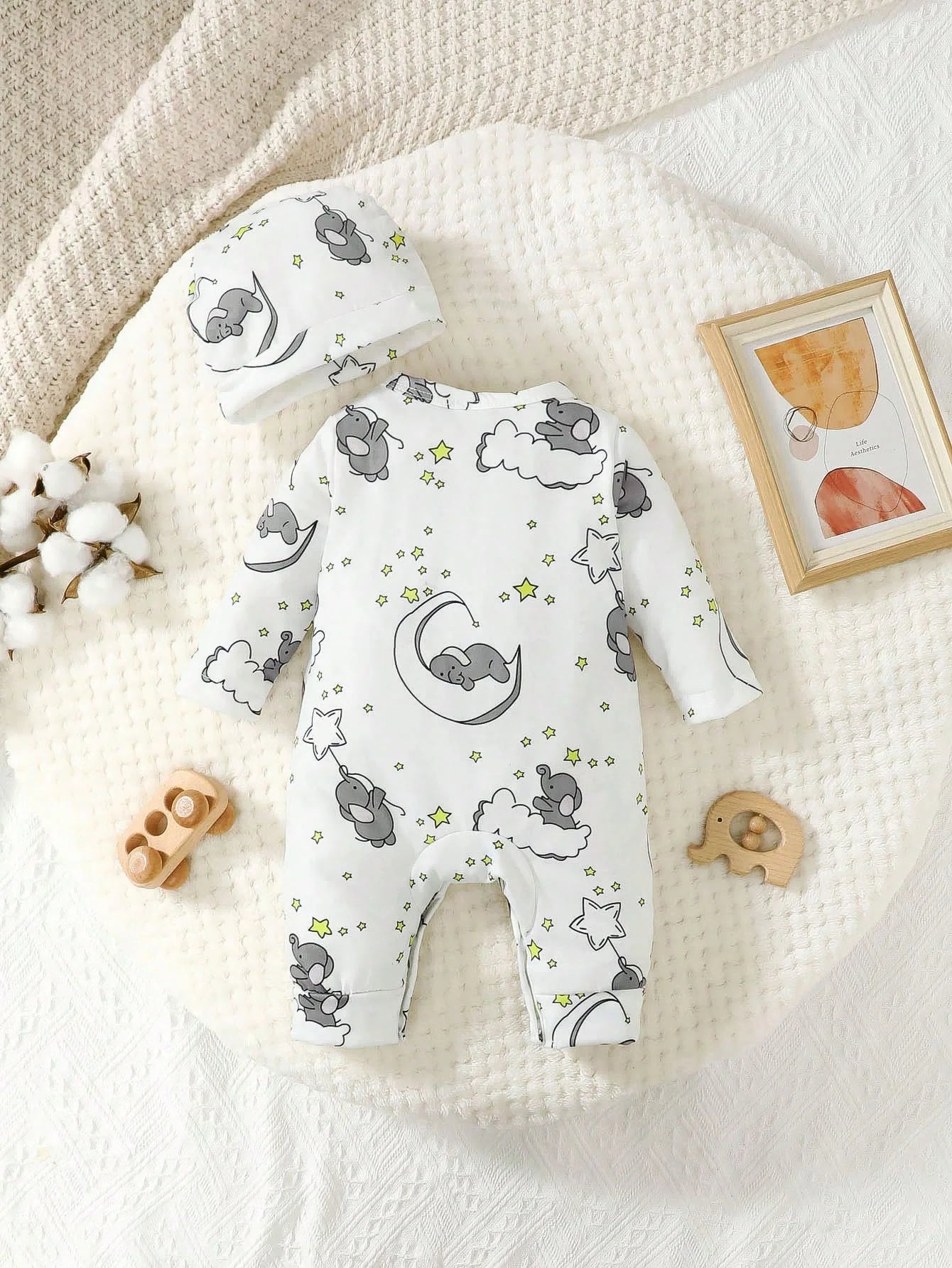 Body + Gorro Bebê Elefantinho Bordado | 0–18 Meses