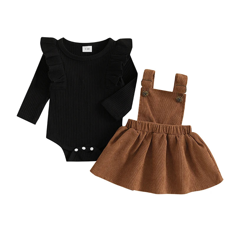 Conjunto Bebê Menina | Body Canelado Manga Longa + Sainha Corduroy Outono/Inverno 3M–18 Meses