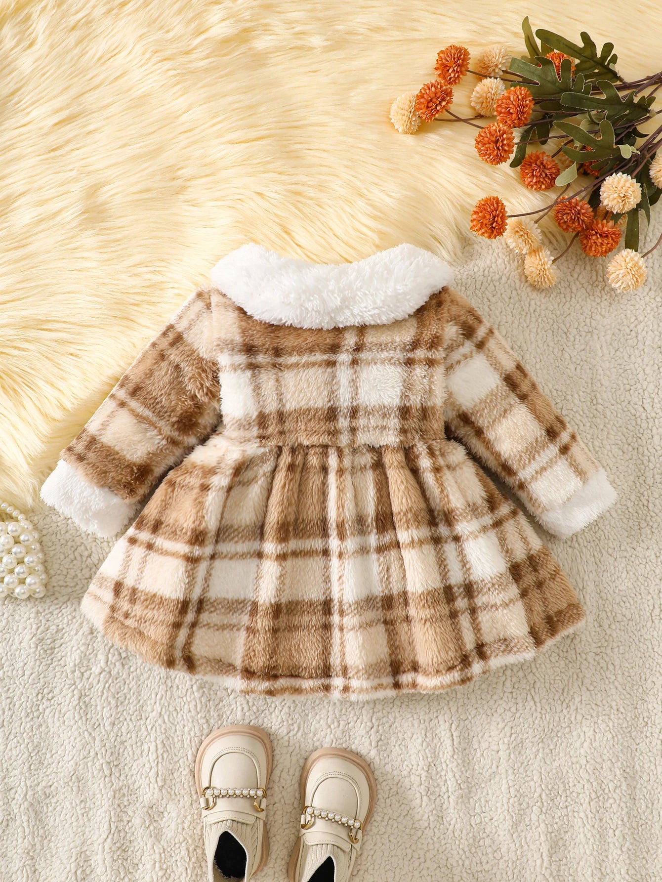Vestido Bebê Menina Inverno | Pelúcia Xadrez Gola Peter Pan Natal 0M–18 Meses