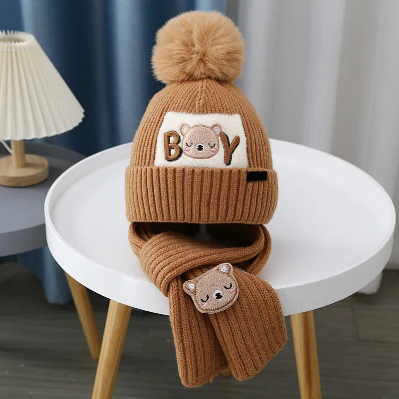 Kit Gorro + Cachecol Bebê Teddy Bear | Tricô com Pompom Cartoon Inverno 0–4 Anos