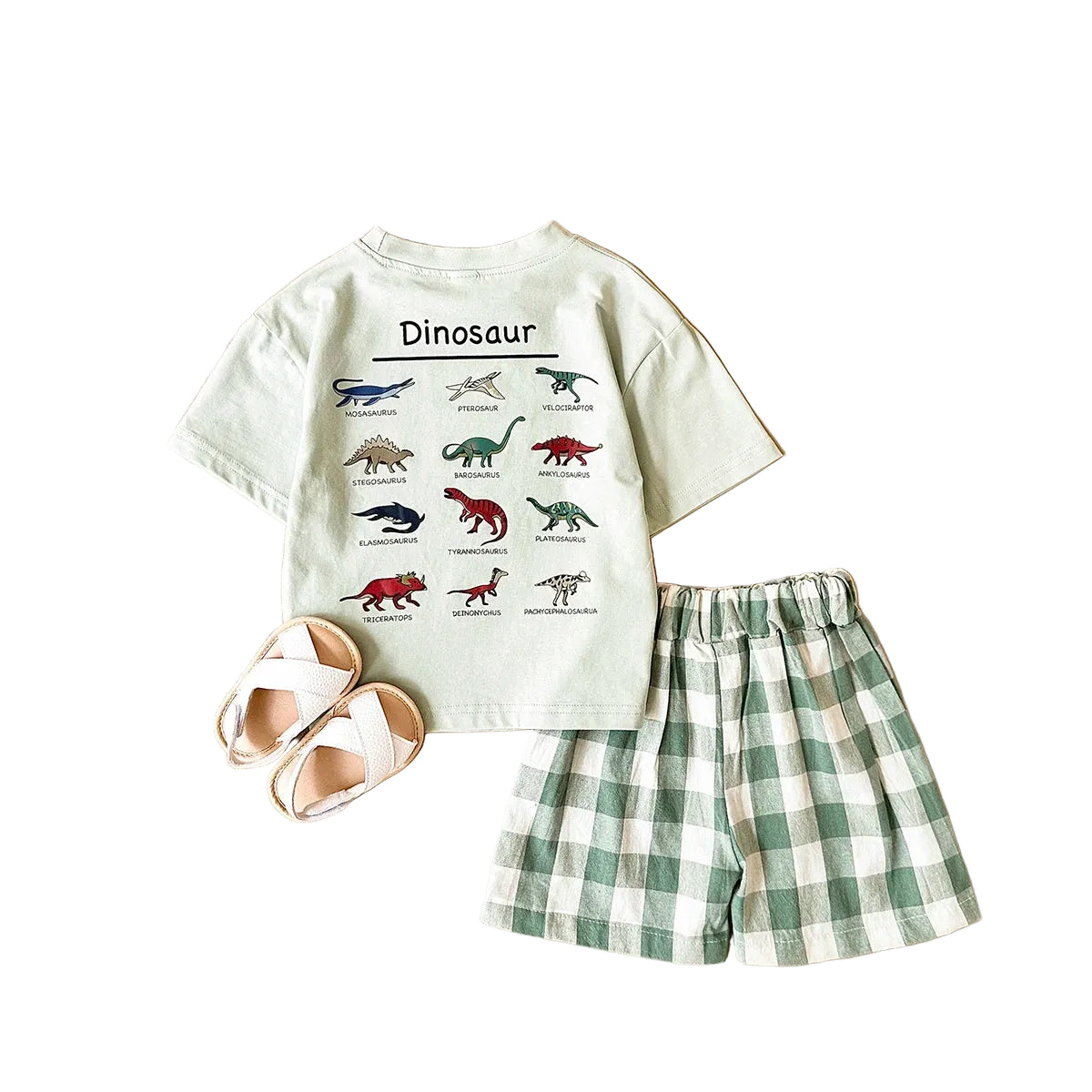 Conjunto Verão Bebê Dinossauro | Camiseta Estampada + Shorts Xadrez 6M-3 Anos