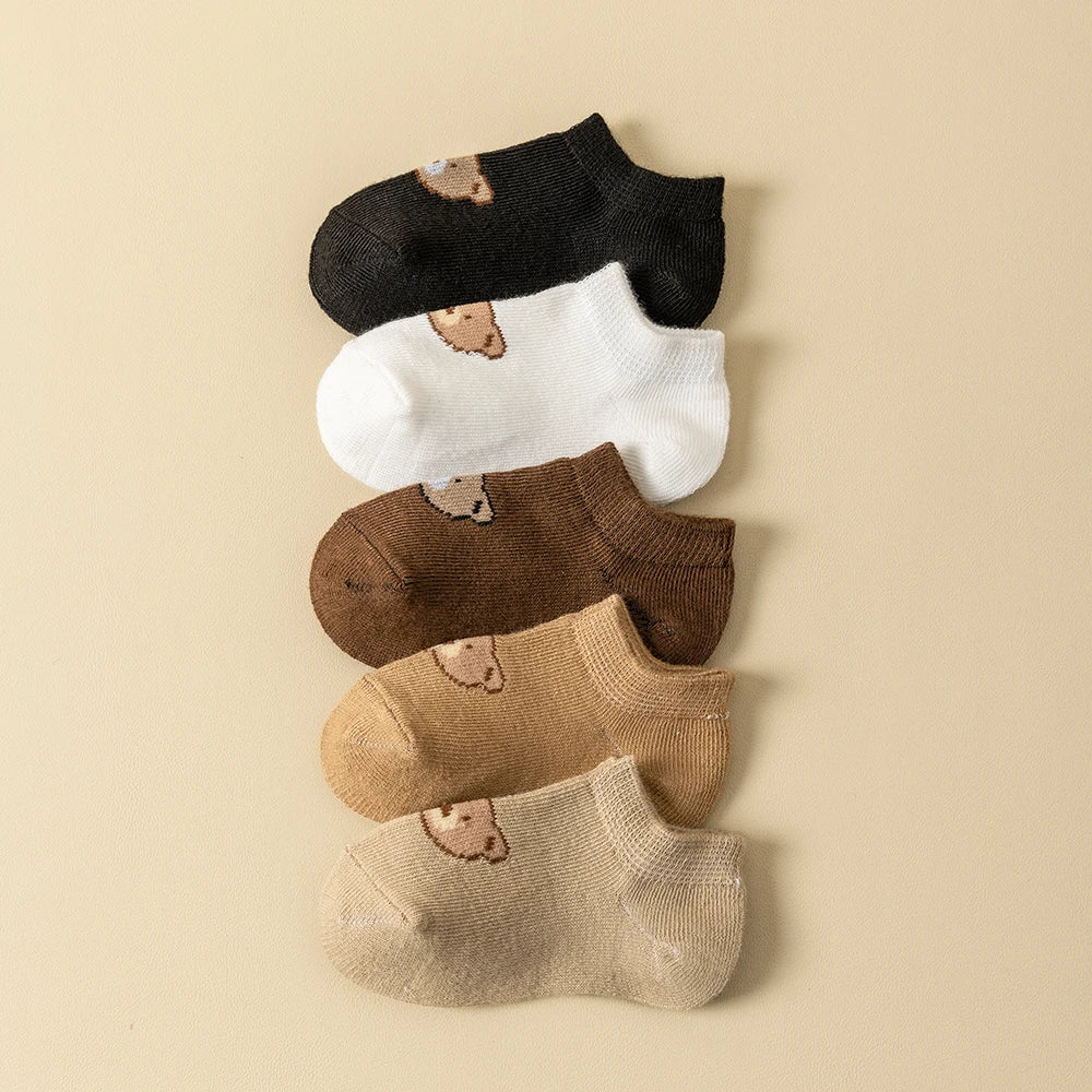 Kit 5 ou 10 Pares Meias Bebê Teddy Bear | Cartoon Urso Cano Baixo 0M–5 Anos