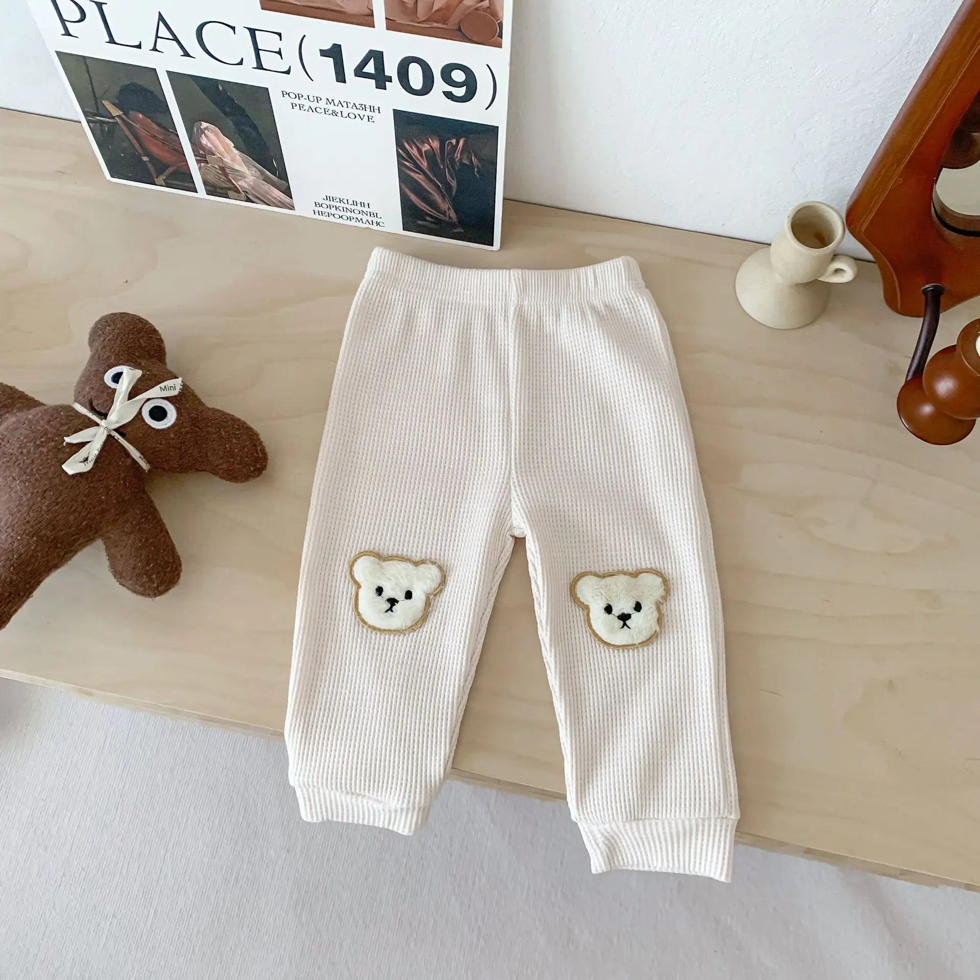 Calça Bebê Harem Waffle Teddy Bear | Estampa Urso Algodão Elástico 0–2 Anos