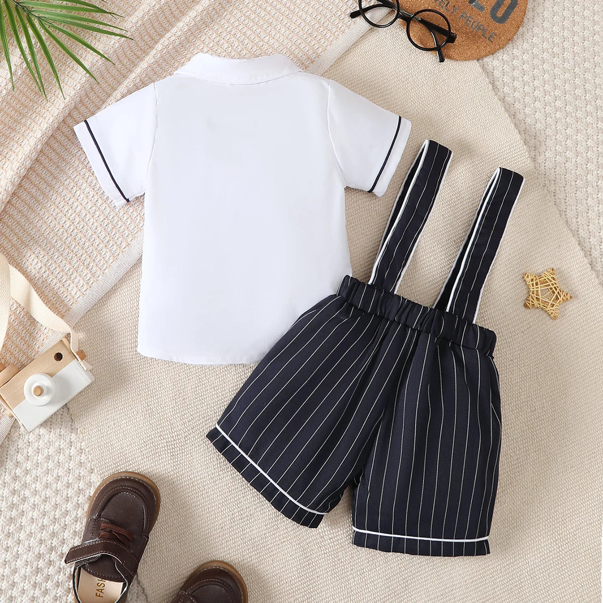 Conjunto 2 Peças Bebê Menino Formal | Camisa Branca + Short Suspensório Xadrez 6M–2 Anos
