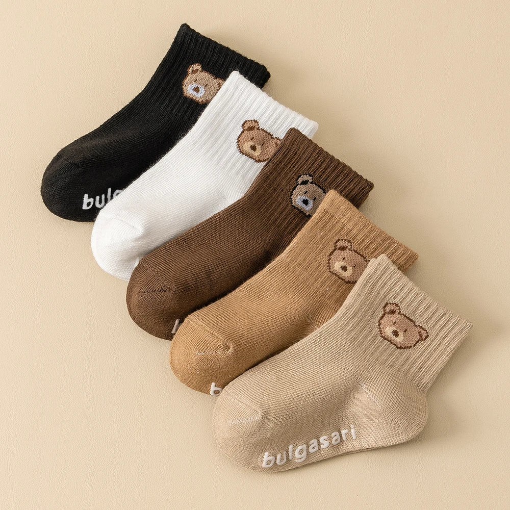 Kit 5 Pares Meias Bebê Antiderrapante | Estampa Urso Unissex 6M–5 Anos