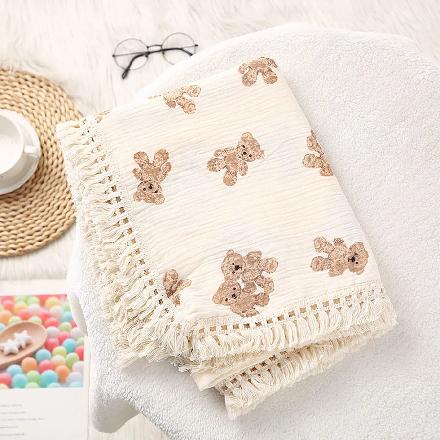 Manta Musselina Bebê Recém-Nascido Teddy Bear | Cobertor Urso Xadrez Swaddle