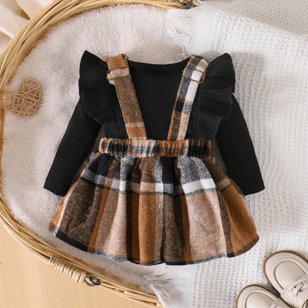 Conjunto 2 Peças Bebê Menina | Blusa + Saia Xadrez com Alça 0–18 Meses