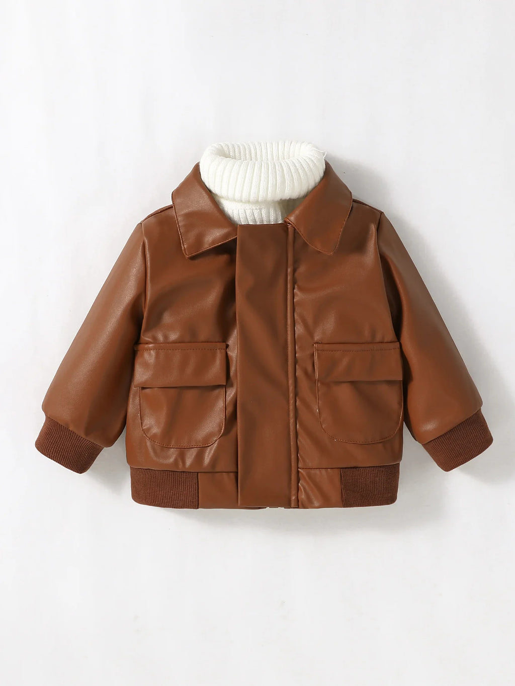 Jaqueta Bebê Menino Couro Sintético | Zíper Gola Dobrada Outono/Inverno 6M–3 Anos