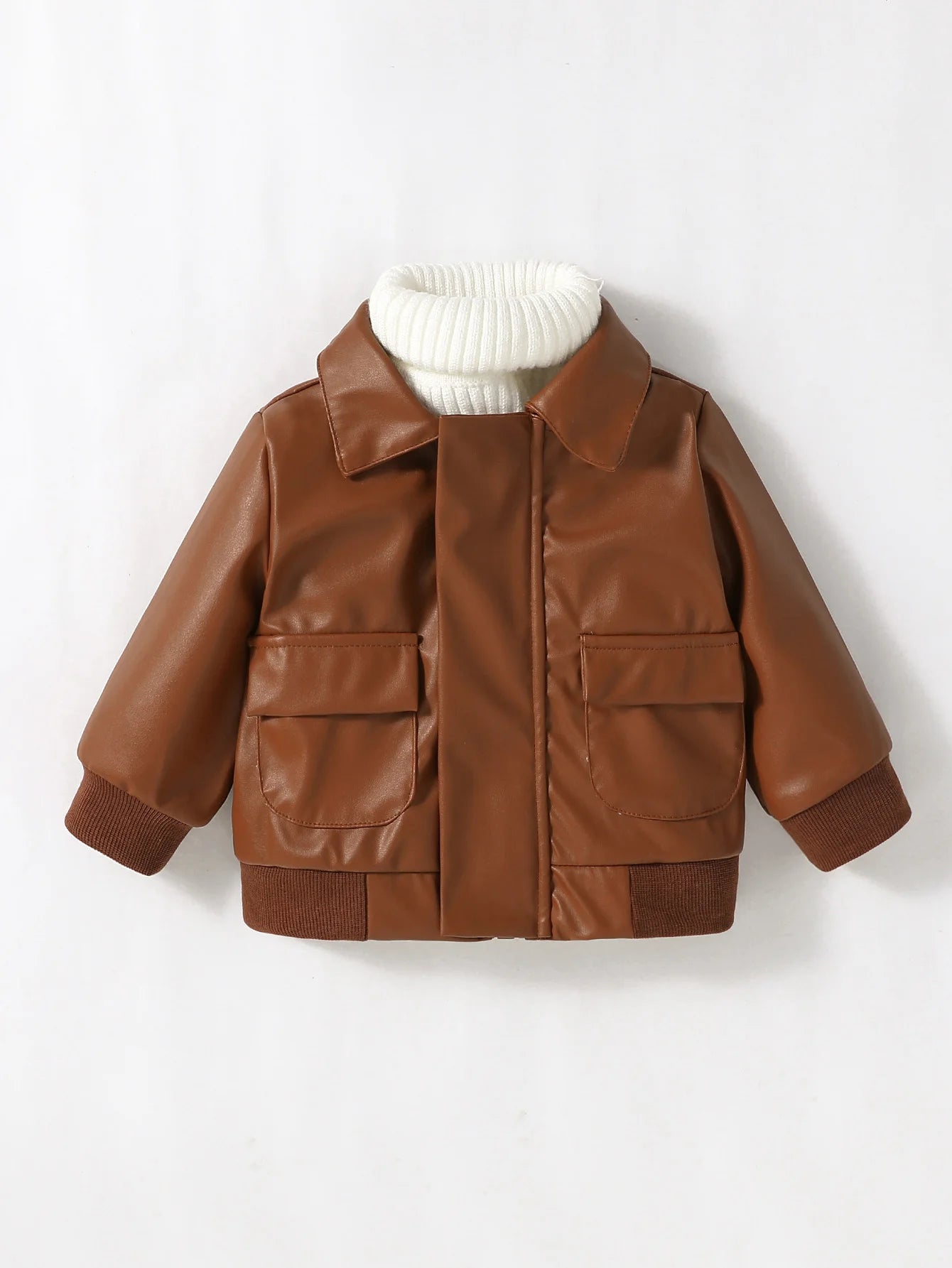 Jaqueta Bebê Menino Couro Sintético | Zíper Gola Dobrada Outono/Inverno 6M–3 Anos