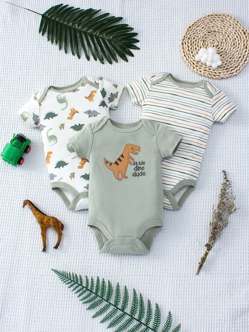 Conjunto 3 Peças Bebê Menino Dinossauro e Listras | Body Verão 3-9 Meses