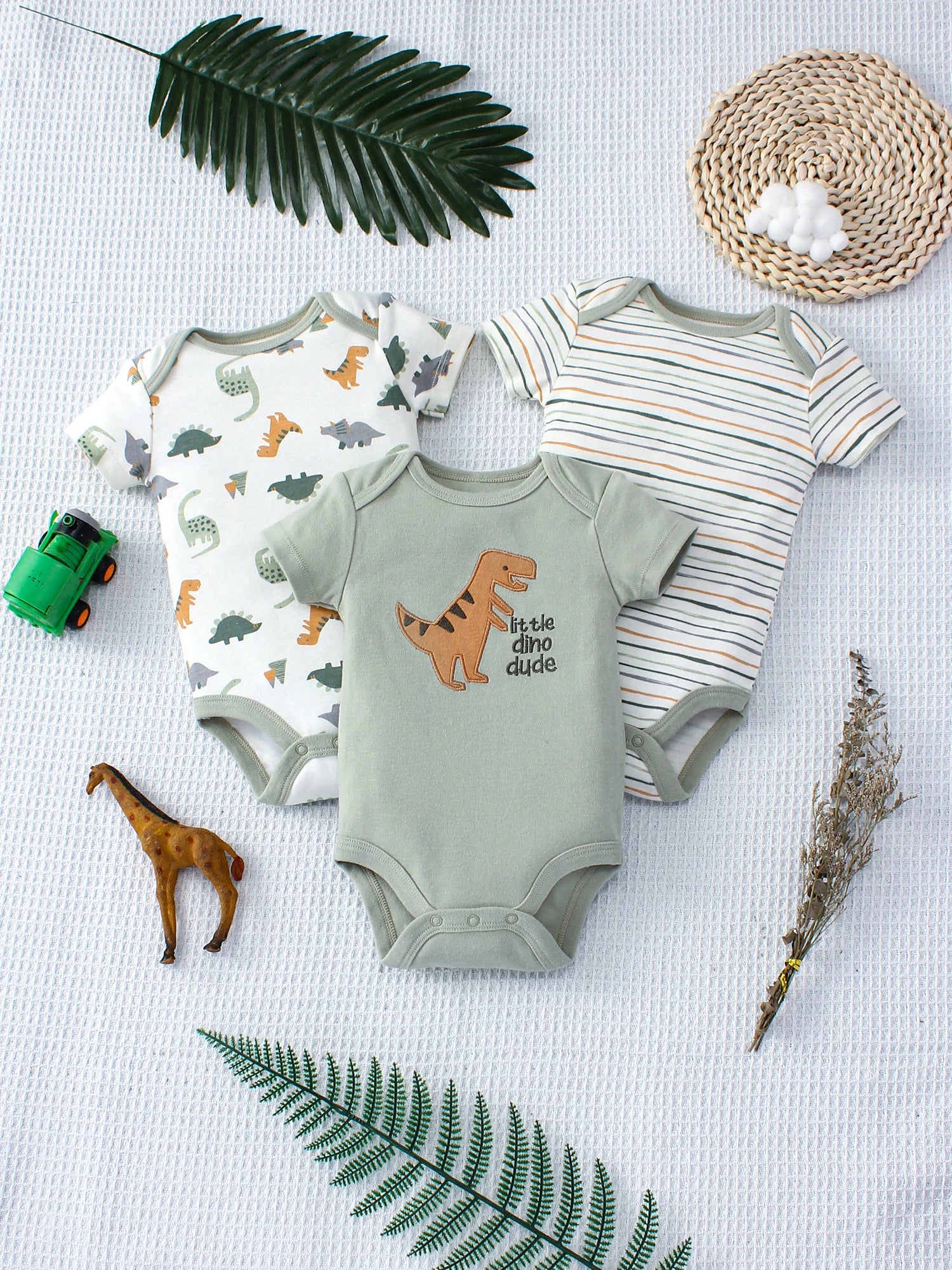 Conjunto 3 Peças Bebê Menino Dinossauro e Listras | Body Verão 3-9 Meses