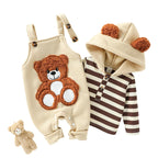 Conjunto 2 Peças Bebê Menino | Moletom Listrado com Capuz + Jardineira Bordado Urso 0–2 Anos
