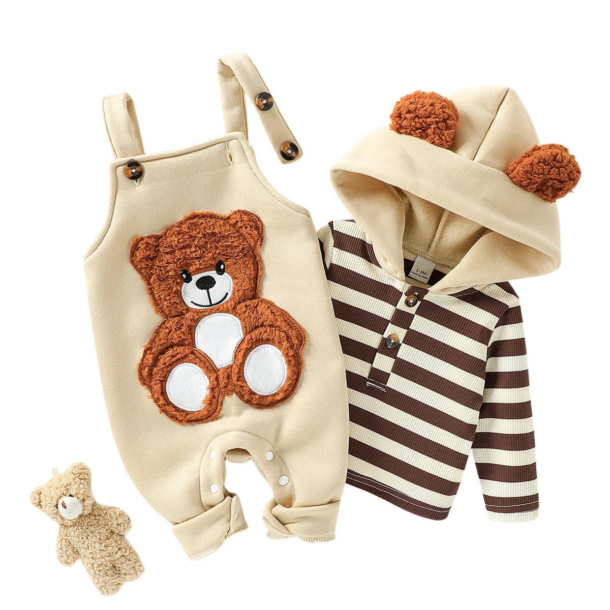 Conjunto 2 Peças Bebê Menino | Moletom Listrado com Capuz + Jardineira Bordado Urso 0–2 Anos