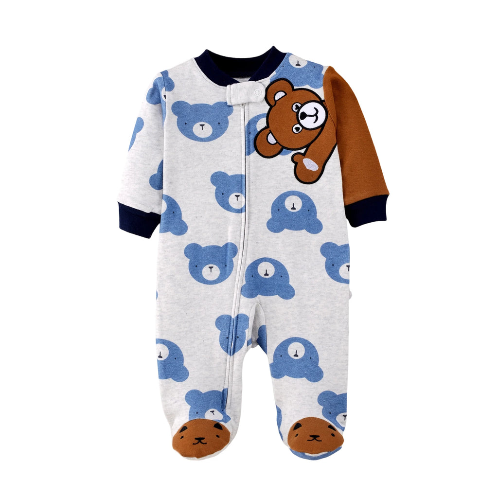 Macacão com Pé Bebê Menino Teddy Bear | Bordado Urso Azul Zíper Bloco de Cores 3–9 Meses