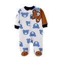 Macacão com Pé Bebê Menino Teddy Bear | Bordado Urso Azul Zíper Bloco de Cores 3–9 Meses