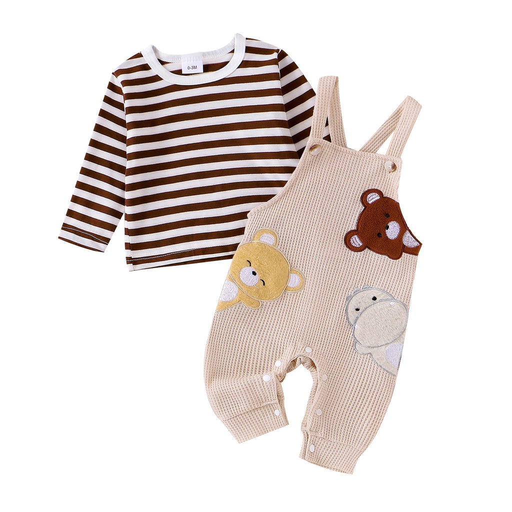 Conjunto Bebê 2 Peças ma&baby | Top Listrado Manga Longa + Jardineira Bordado Urso 0–18 Meses