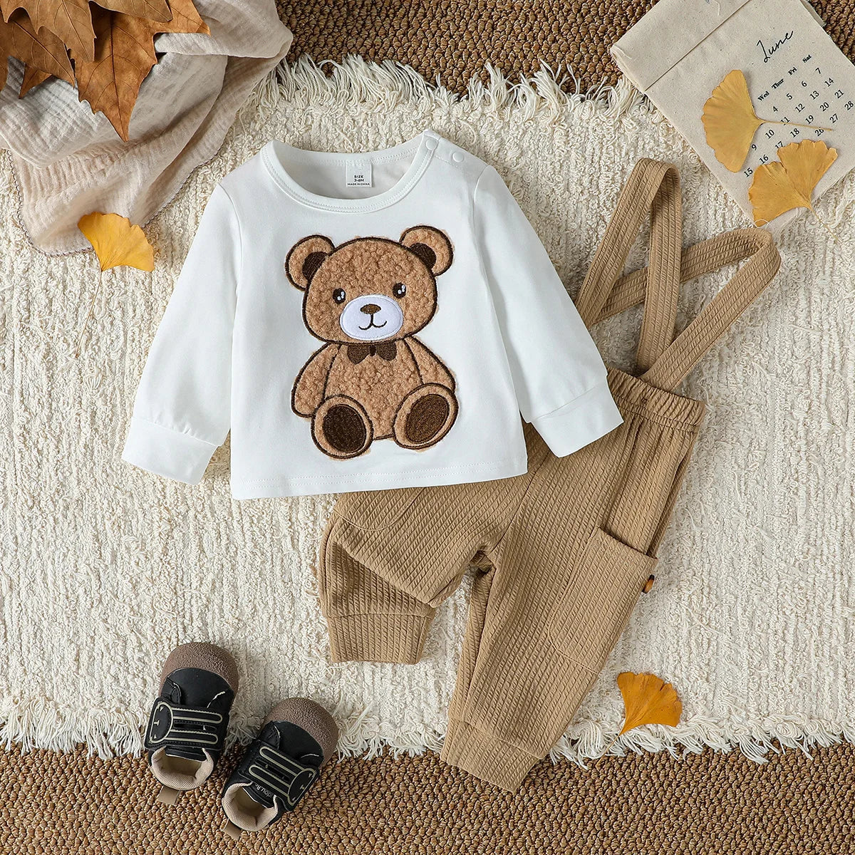 Conjunto 2 Peças Bebê Menino Teddy Bear | Top Manga Longa + Macacão Botão Outono 3M–2 Anos