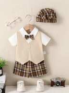 Conjunto 3 Peças Bebê Menino Gentleman | Camisa + Colete + Short Xadrez + Boina 9M–3 Anos