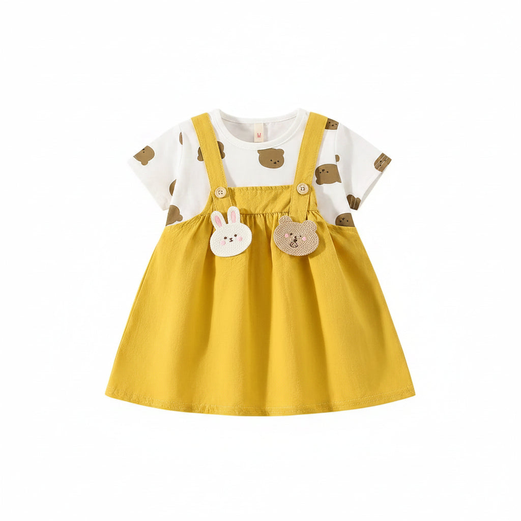 Vestido Bebê Menina Estampa Teddy Bear | Falso 2 Peças com Alça 6M–2 Anos