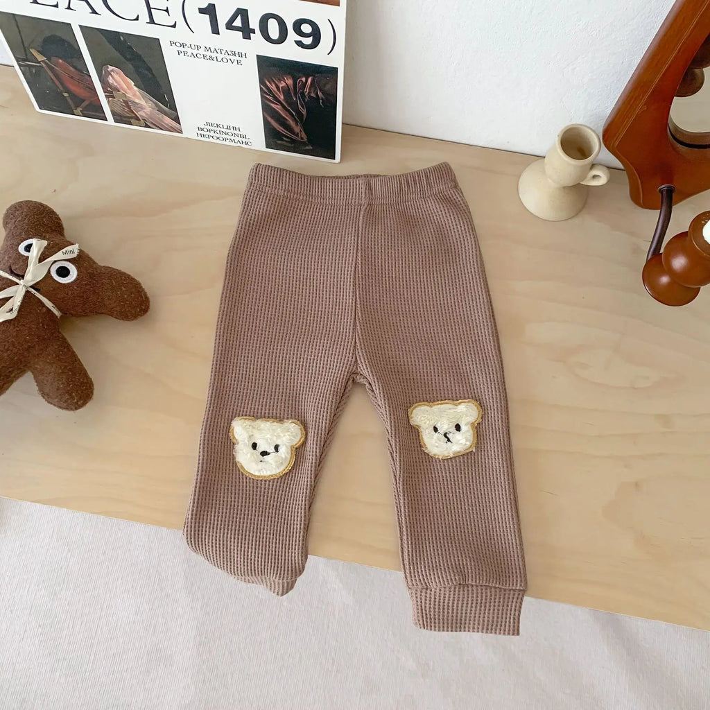 Calça Bebê Harem Waffle Teddy Bear | Estampa Urso Algodão Elástico 0–2 Anos