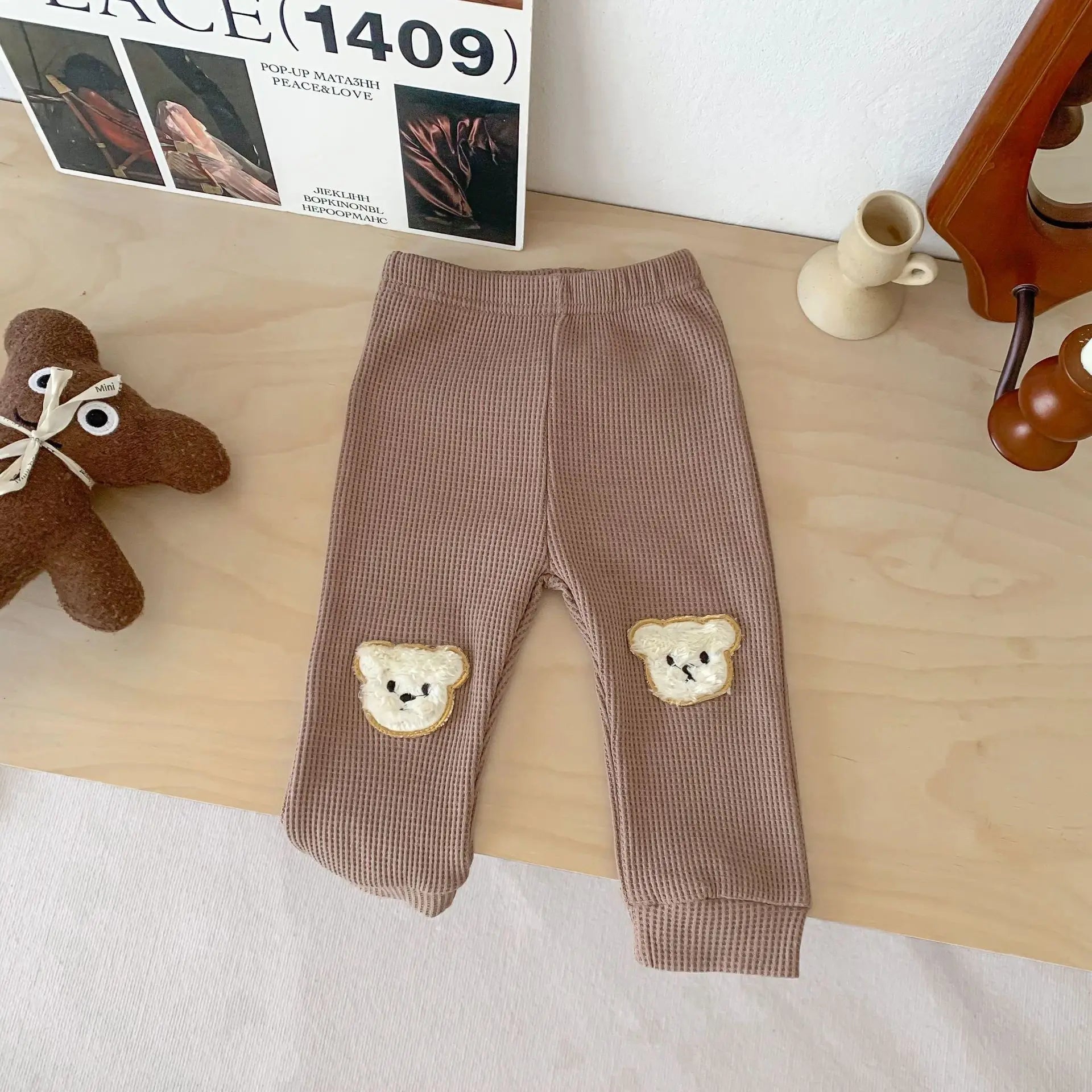 Calça Bebê Harem Waffle Teddy Bear | Estampa Urso Algodão Elástico 0–2 Anos