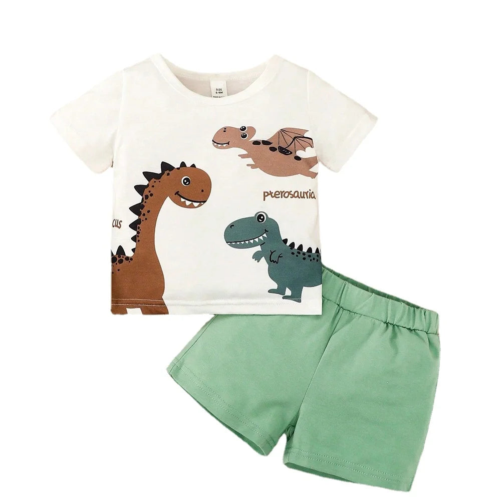 Conjunto 2 Peças Bebê Menino Dinossauro | Camiseta + Shorts 0-3 Anos