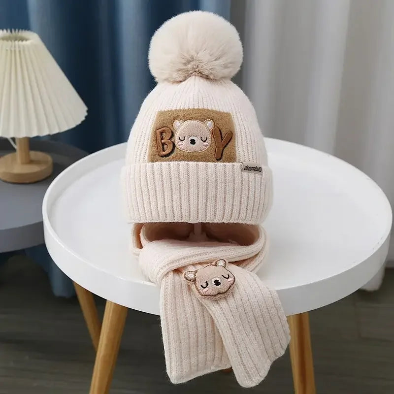 Kit Gorro + Cachecol Bebê Teddy Bear | Tricô com Pompom Cartoon Inverno 0–4 Anos