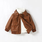 Jaqueta Bebê Menino Couro Sintético | Zíper Gola Dobrada Outono/Inverno 6M–3 Anos