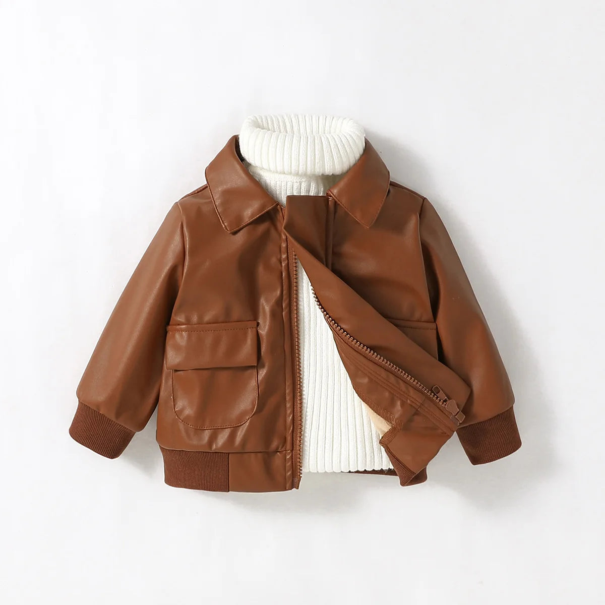 Jaqueta Bebê Menino Couro Sintético | Zíper Gola Dobrada Outono/Inverno 6M–3 Anos