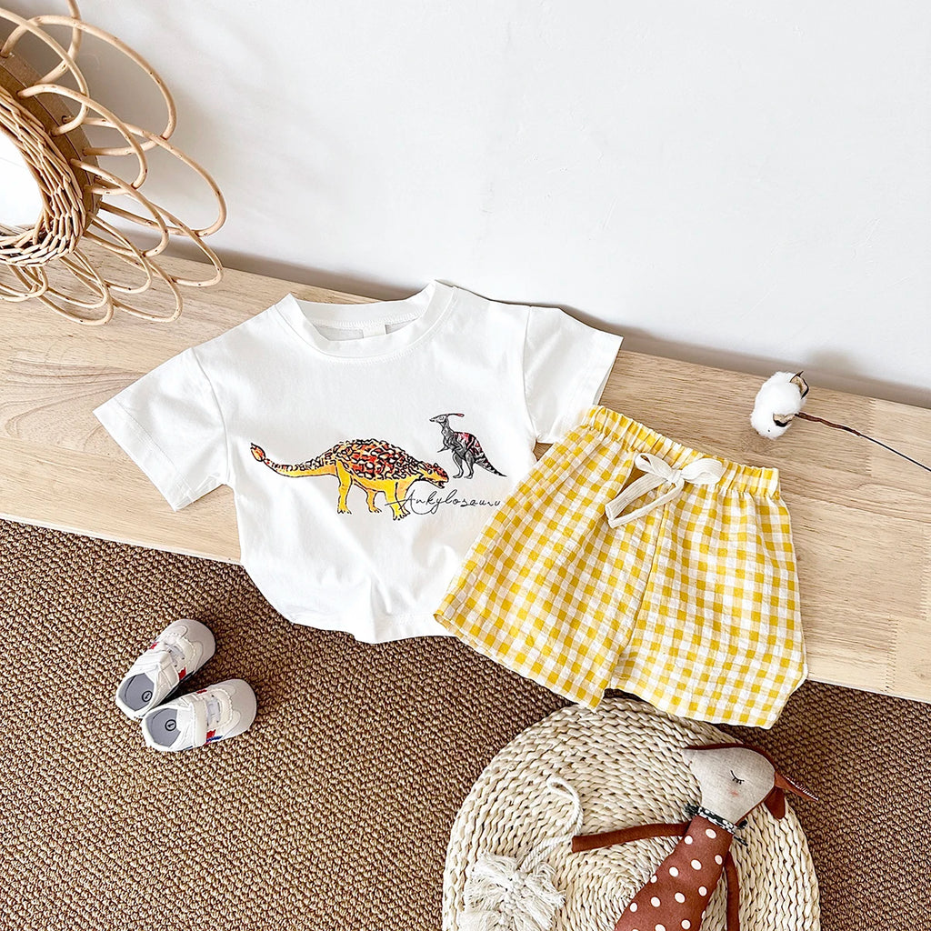 Conjunto Bebê Dinossauro | Camiseta + Shorts Xadrez Unissex 6M-3 Anos