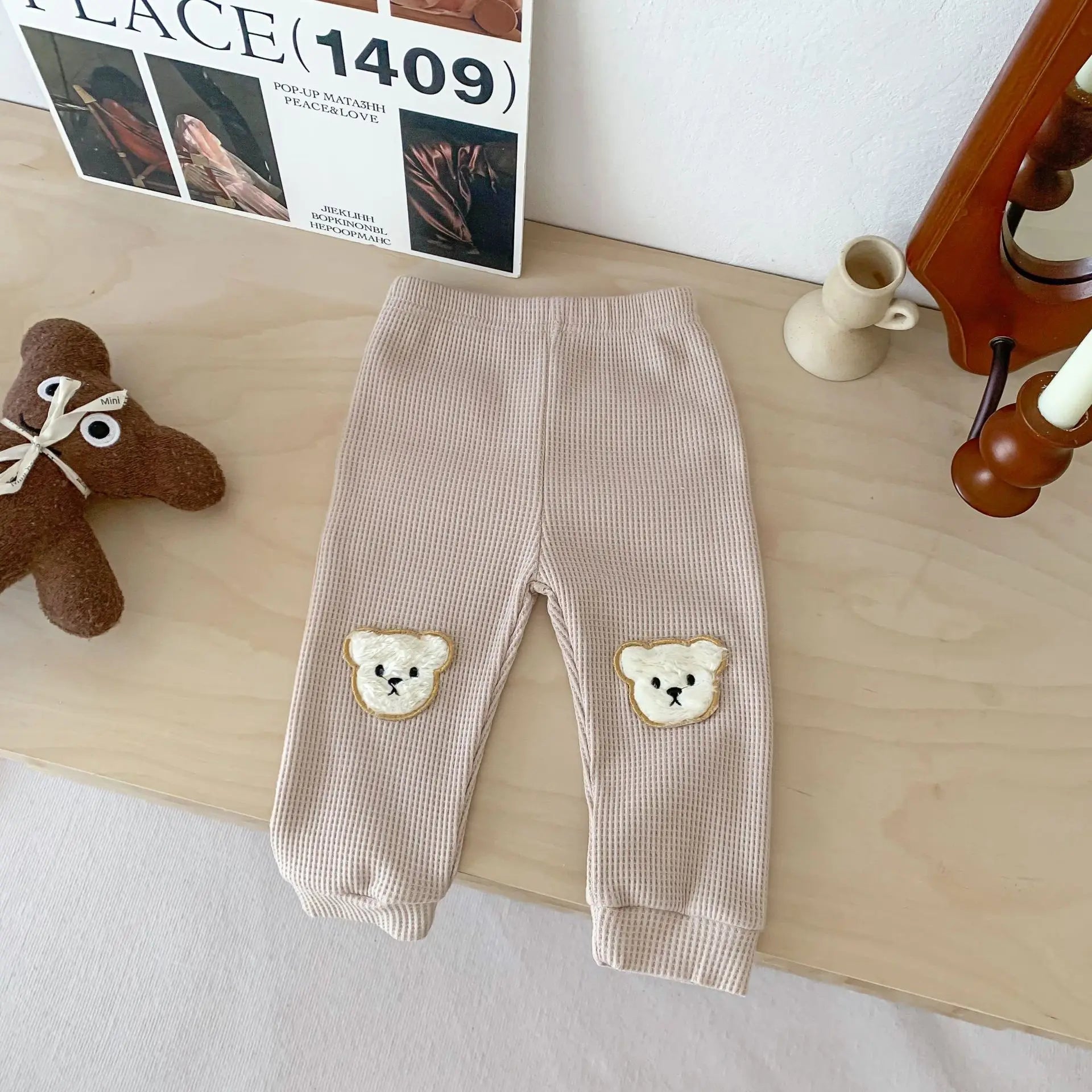 Calça Bebê Harem Waffle Teddy Bear | Estampa Urso Algodão Elástico 0–2 Anos