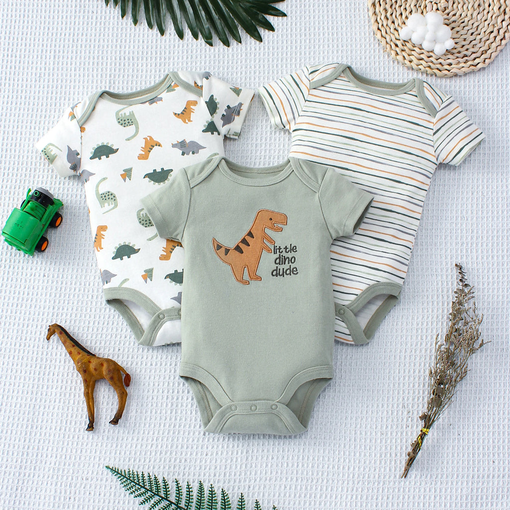 Conjunto 3 Peças Bebê Menino Dinossauro e Listras | Body Verão 3-9 Meses