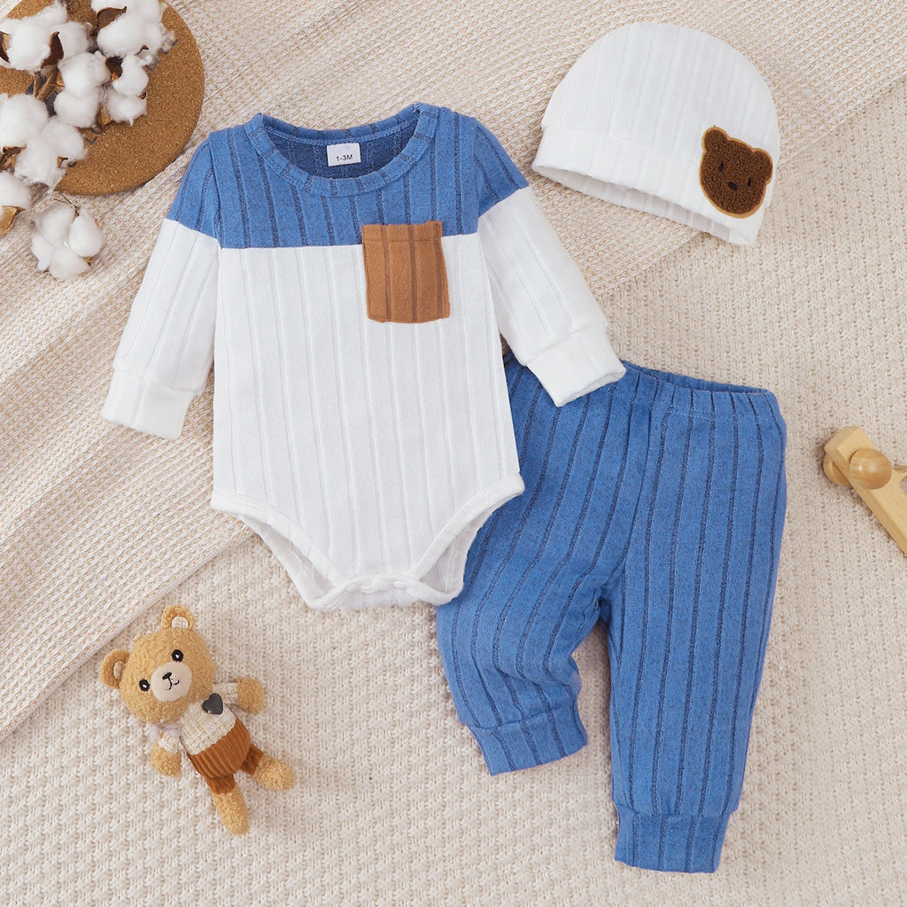 Kit 3 Peças Bebê Menino | Body + Calça + Gorro 0–18 Meses