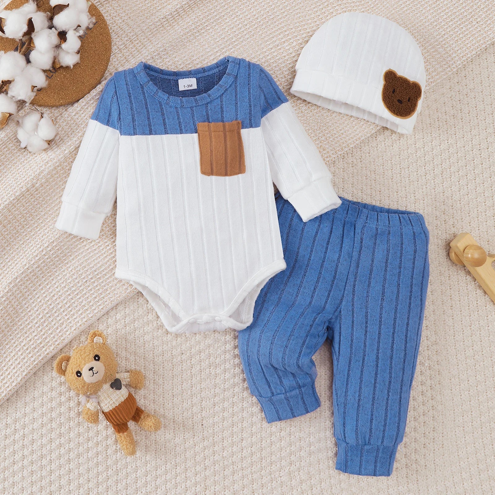 Kit 3 Peças Bebê Menino | Body + Calça + Gorro 0–18 Meses
