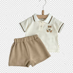 Conjunto 2 Peças Bebê Unissex Teddy Bear | Camiseta Listrada Urso + Shorts Algodão Verão 6M–2 Anos