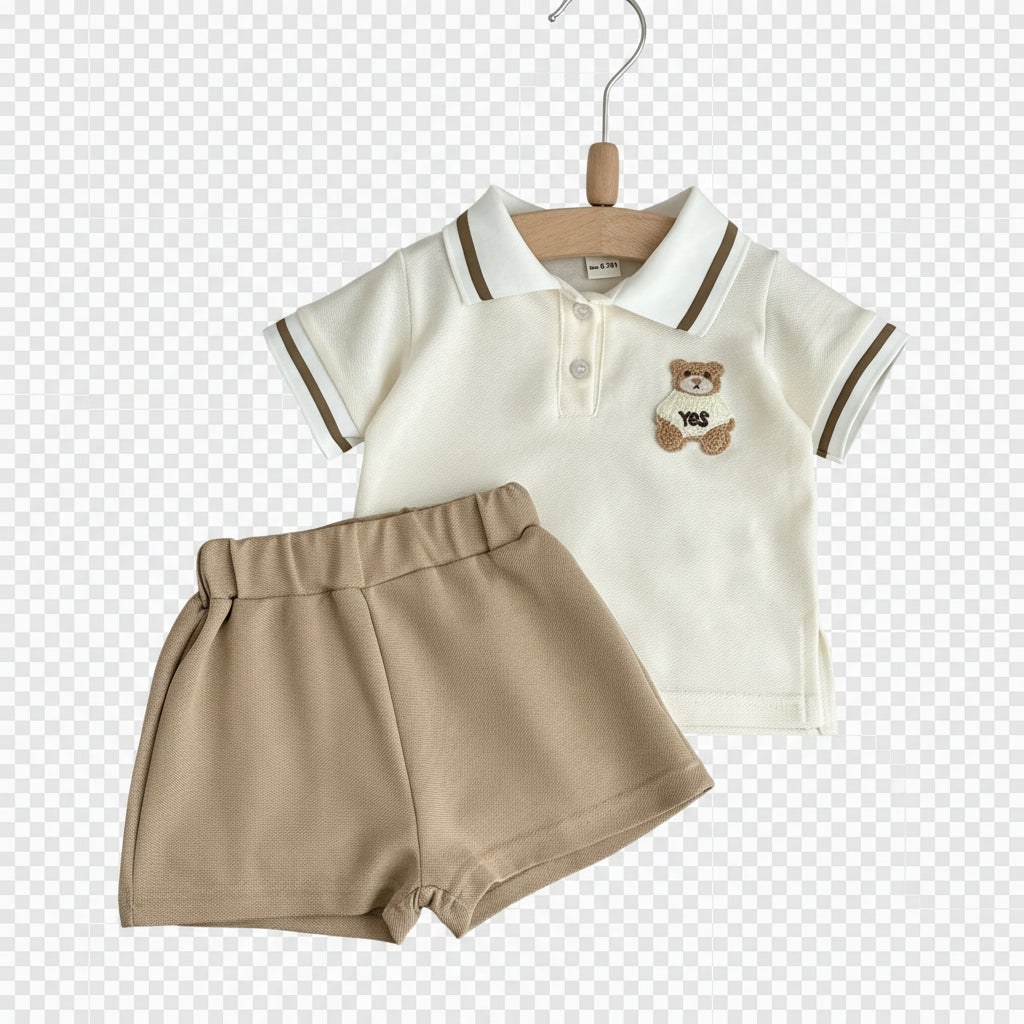 Conjunto 2 Peças Bebê Unissex Teddy Bear | Camiseta Listrada Urso + Shorts Algodão Verão 6M–2 Anos
