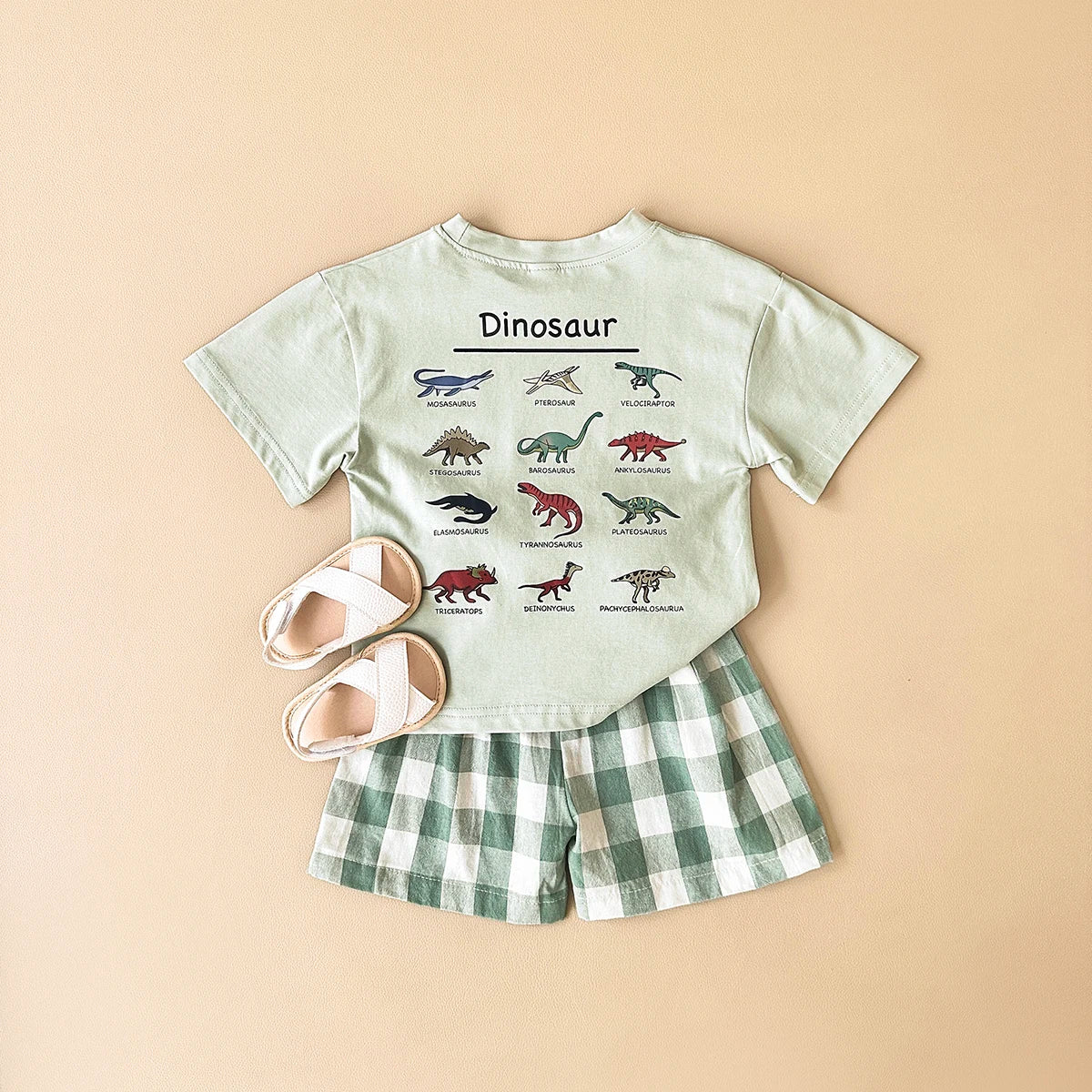 Conjunto Verão Bebê Dinossauro | Camiseta Estampada + Shorts Xadrez 6M-3 Anos