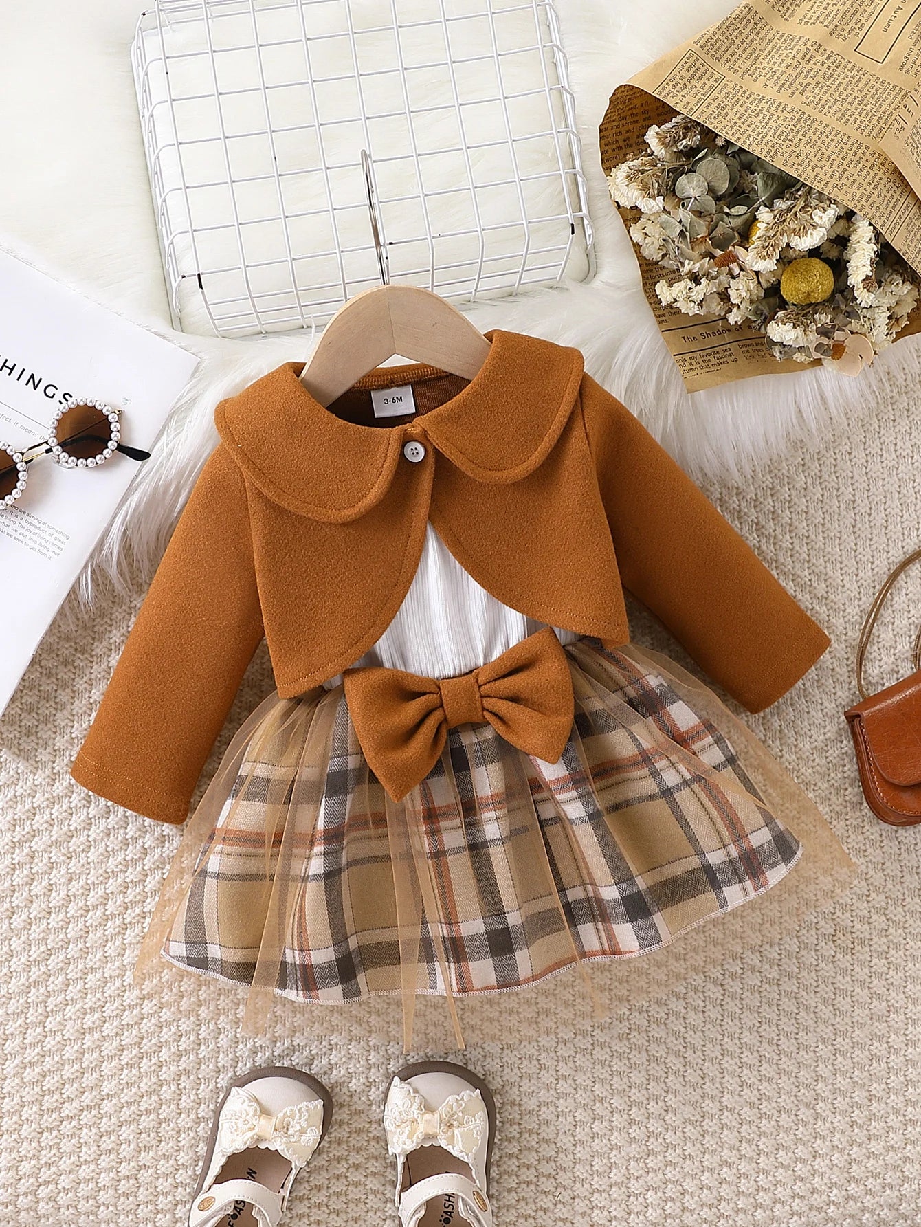 Conjunto Bebê Menina | Vestido Xadrez Tule + Jaqueta Cropped 0M–2 Anos