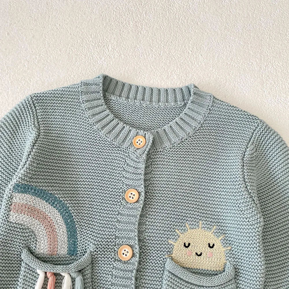 Cardigan Tricô Infantil Bordado Arco-Íris | Meninas 0–3 Anos