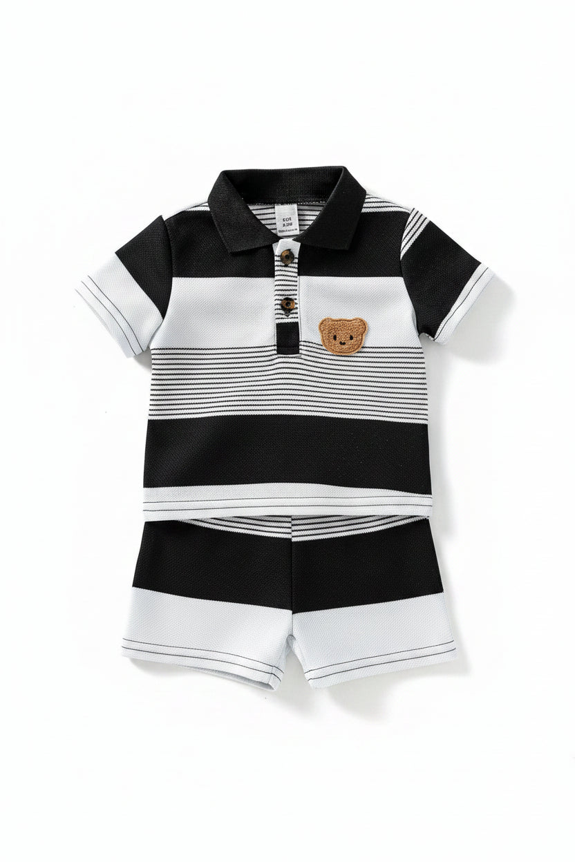 Conjunto 2 Peças Bebê Menino Teddy Bear | Camiseta Listrada + Shorts Casual 3M–3 Anos
